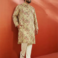 Men's Beige Printed Kurta with Cream Pyjama