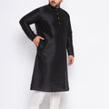 Men's Plus Size Black Cotton Silk Blend Kurta And Cream Pyjama Set
