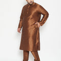 Men's Plus Size Coffee Brown Silk Blend Kurta Pyjama Set