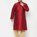 Men's Plus Size Maroon Silk Blend Kurta And Gold Dhoti Set