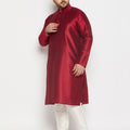 Men's Plus Size Maroon Silk Blend Kurta And Cream Pant Style Pyjama Set