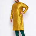 Men's Plus Size Mustard Silk Blend Kurta And Green Pyjama Set