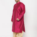 Men's Plus Size Fuchsia Silk Blend Kurta And Gold Dhoti Set