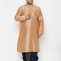 Men's Plus Size Viscose Rose Gold Silk Blend Kurta And Navy Blue Dhoti Set