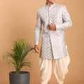 Men's Aqua Blue Mirror Indo Western Sherwani With Dhoti Set
