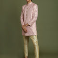 Boy's Pink & Gold-Colored Woven-Design Brocade Slim Fit Sherwani Set