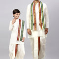 Like Father Like Son Cream Kurta and Mayilkhan Border Cream Panchakacham & Towel Set