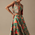 Green Printed Lehenga Set With Mirror Embellished Jacket