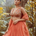 Fusion Coral Skirt In Crepe With Hand Embroidered Raw Silk Choli With Plunging Neckline