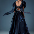 Navy Blue Organza Butterfly Blouse With Skirt