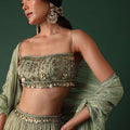 Pale Olive Green Printed Lehenga And Blouse Set In Banarasi Silk