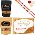 Ghasitaram Besan Laddoo, Butter Chakli Sticks and Almonds With 2 Pearl Beads Rakhis