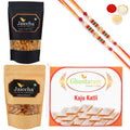 Ghasitaram Kaju Katli, Butter Chakli Sticks and Almonds With 2 Pearl Beads Rakhis