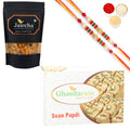 Ghasitaram Soan Papdi and Butter Chakli Sticks With 2 Pearl Beads Rakhis