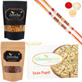 Ghasitaram Soan Papdi, Butter Chakli Sticks and Peri Peri Almonds With 2 Pearl Beads Rakhis
