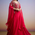 Red Organza Crop Top And Skirt Set With Embroidered Cape