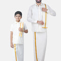 Like Father Like Son Full Sleeves Cream Shirt Dhoti & Towel Set Combo