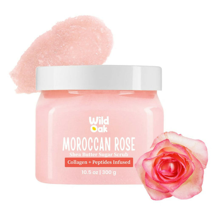 Wild Oak Moroccan Rose Shea Butter Sugar Scrub with Vegan Collagen & Peptides For Tan Removal & Smooth Skin