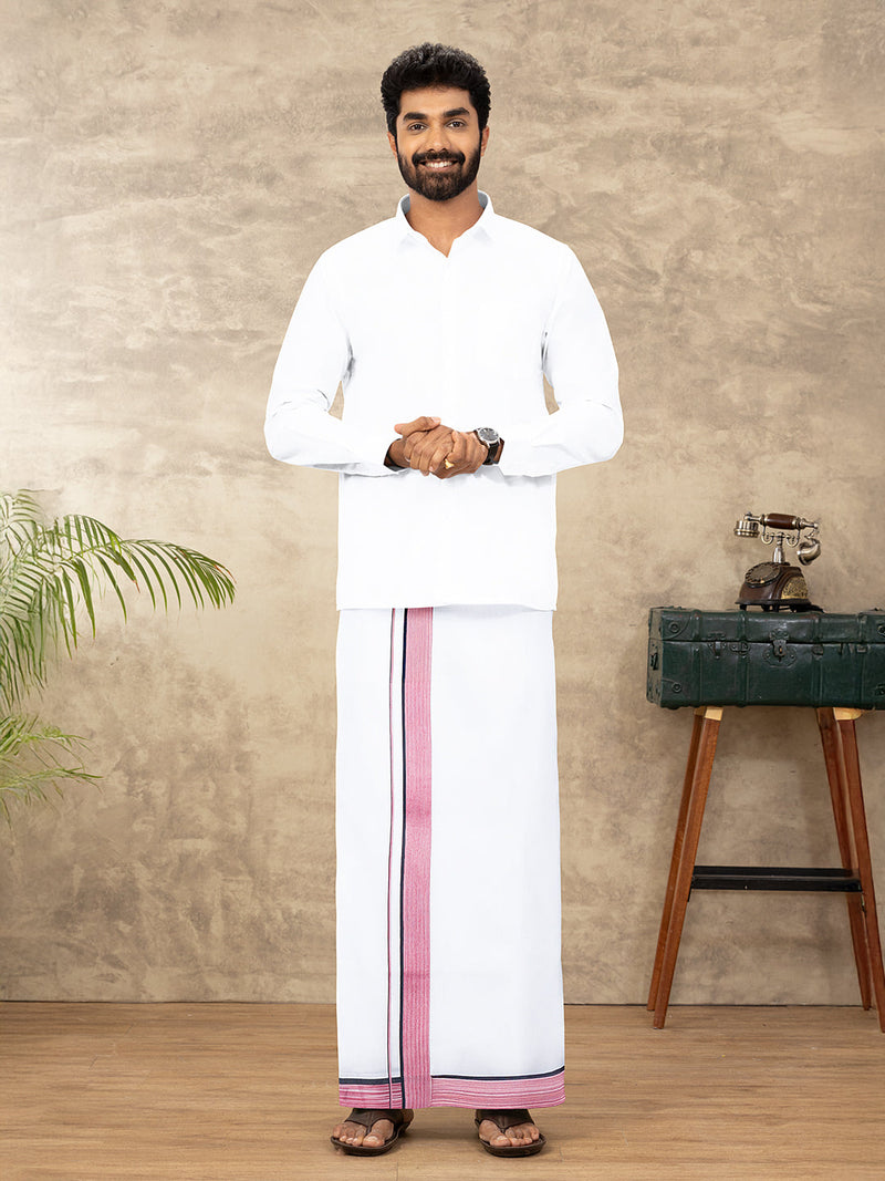 Men 100% Cotton Double Layer White Dhoti with Fancy Border PMF12