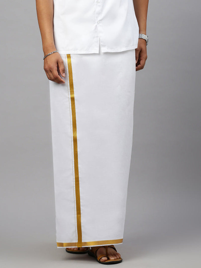 Men Cotton Blend Readymade Double Layer White Dhoti with Gold Jari Border W428