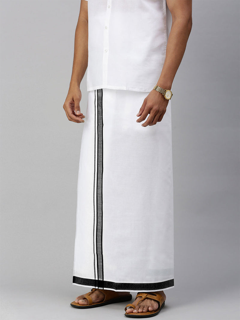 Men Double Layer White Dhoti with Fancy Border Aaral Black