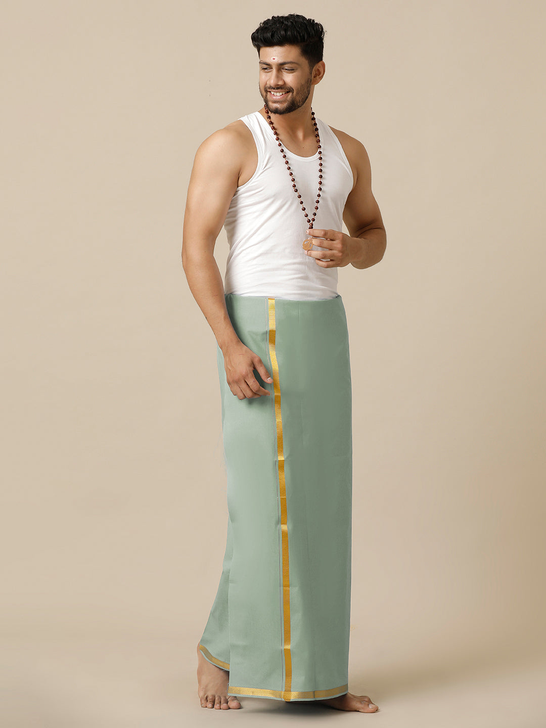 Men Cotton Blend Single Layer Green Dhoti with Gold Jari Border Cosmic 10
