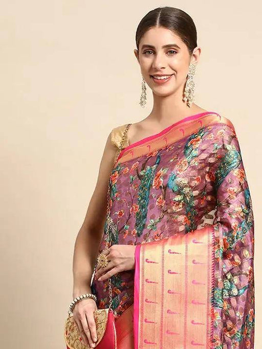 Fine Kora Silk Peacock Print Saree