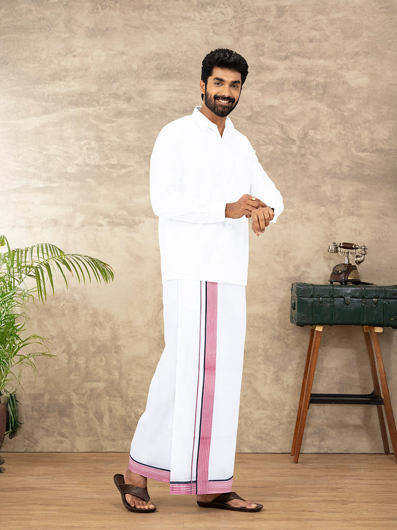 Men 100% Cotton Double Layer White Dhoti with Fancy Border PMF12