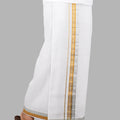 Men 100% Cotton Single Layer White Dhoti with Fancy Jari Border Silver Grand