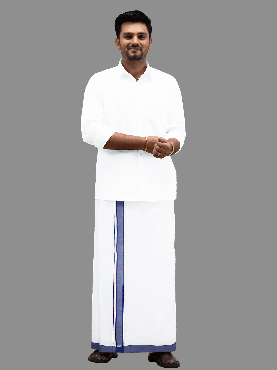 Men Navy Fancy Border Double Layer Dhoti Terra Plain