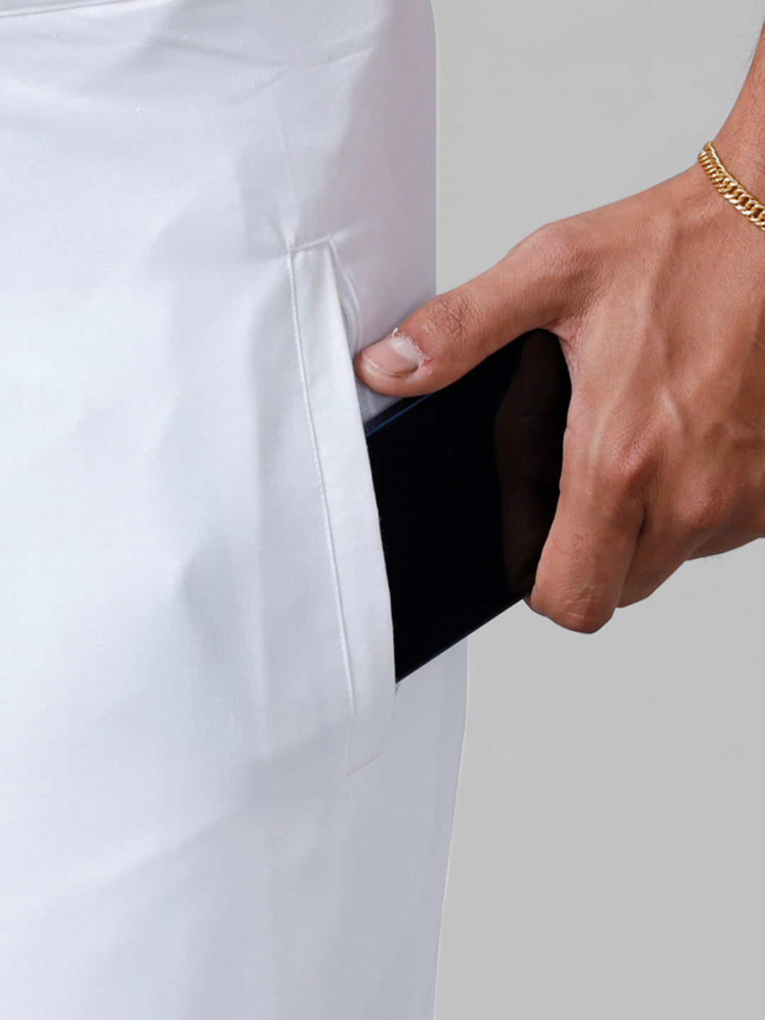 Men Cotton Blend Readymade Single Layer White Dhoti with Fancy Border GACF10