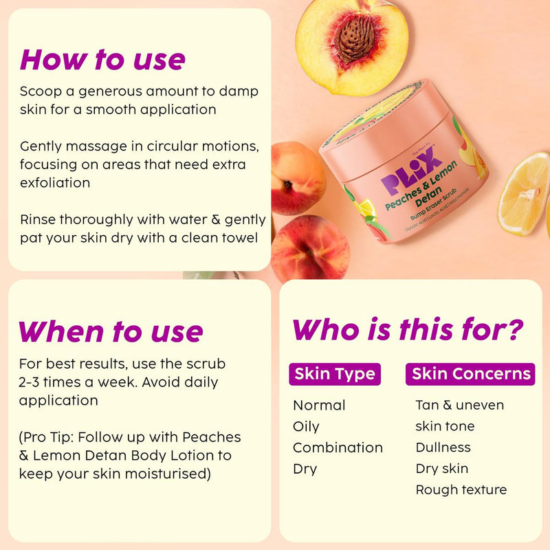 PLIX The Plant Fix Peaches & Lemon Detan Pair with Bump Eraser Body Scrub & SPF15 Body Lotion