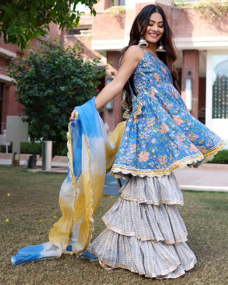 Symphonic Blue Handblock Sharara Set