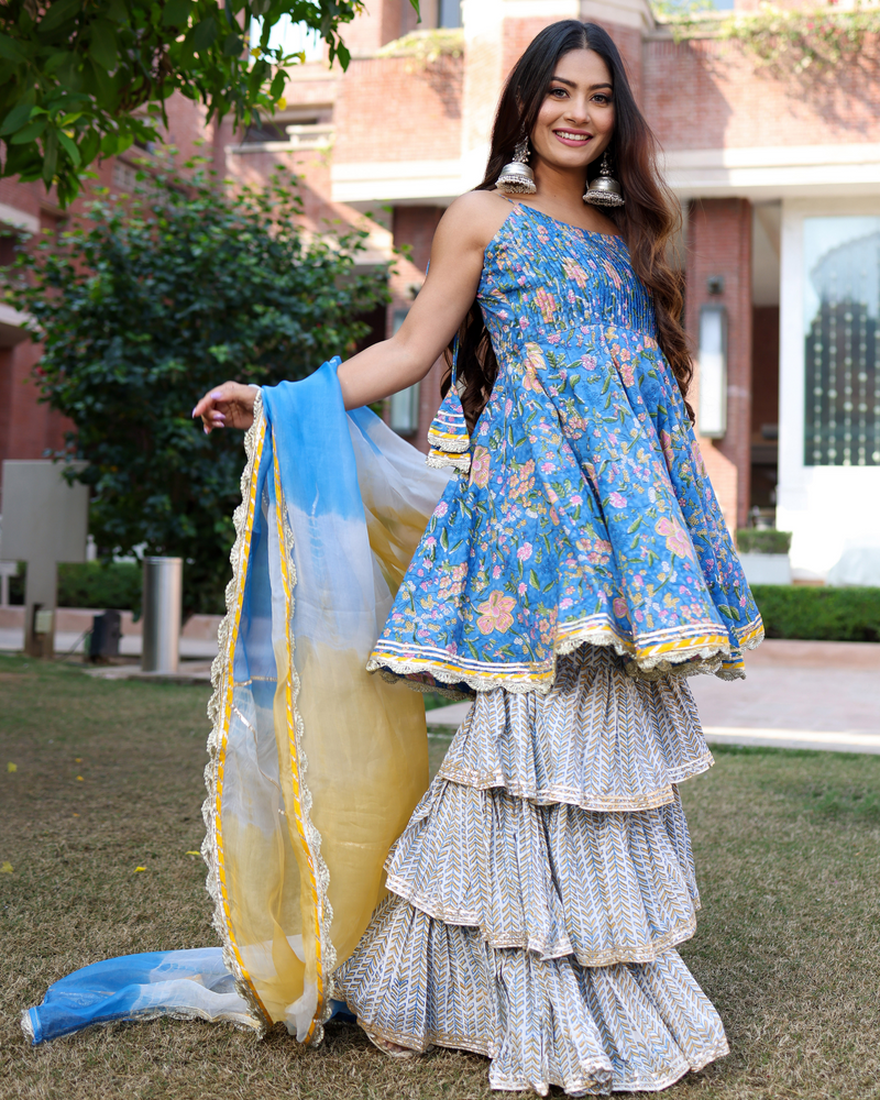 Symphonic Blue Handblock Sharara Set