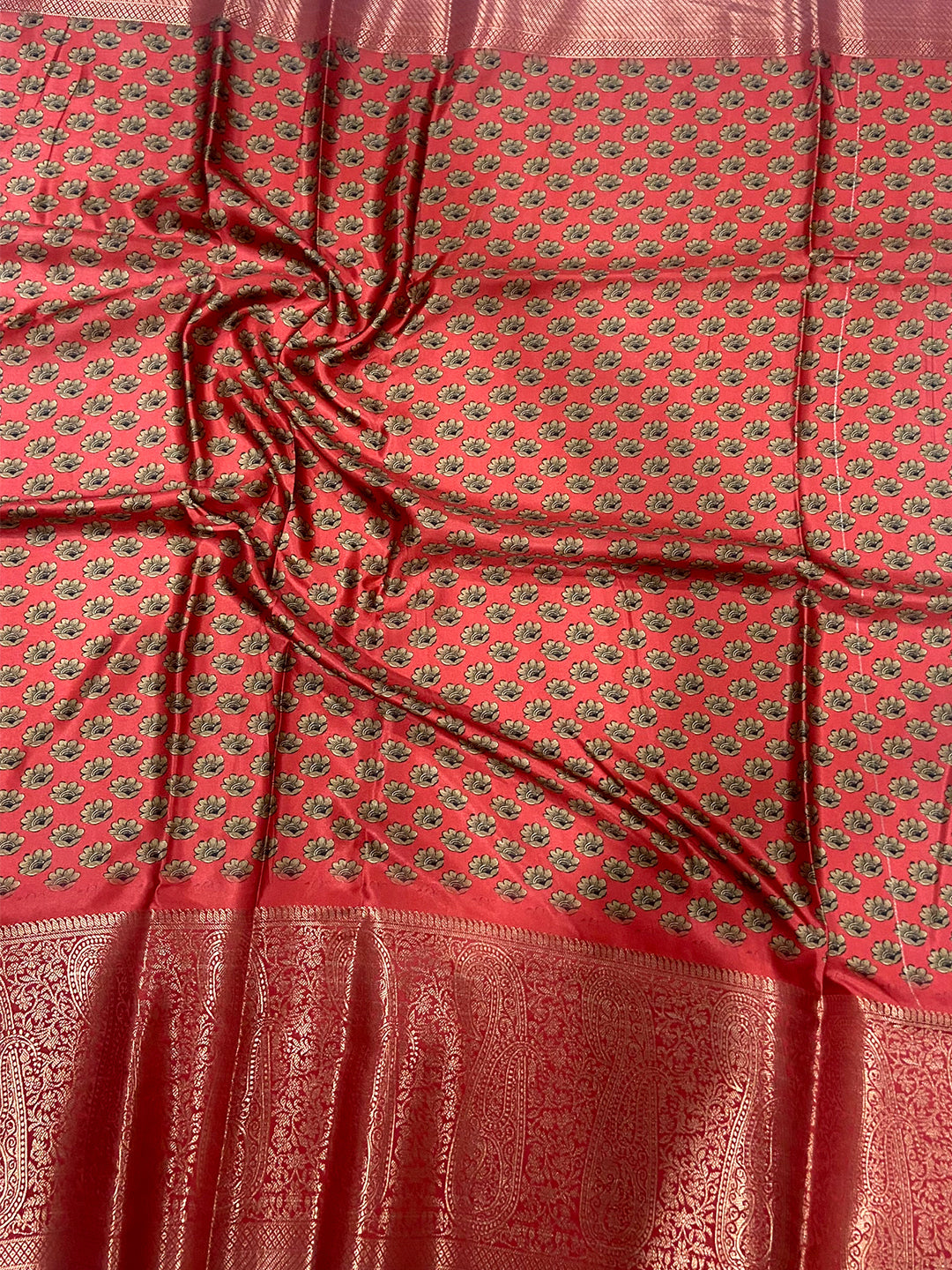 Cream Cherry Satin Kalamkari Saree