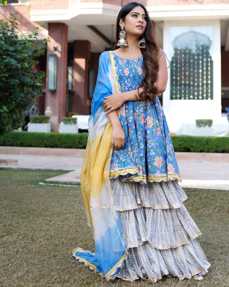 Symphonic Blue Handblock Sharara Set