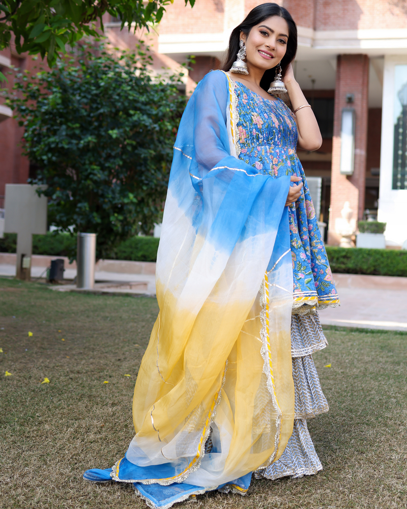 Symphonic Blue Handblock Sharara Set