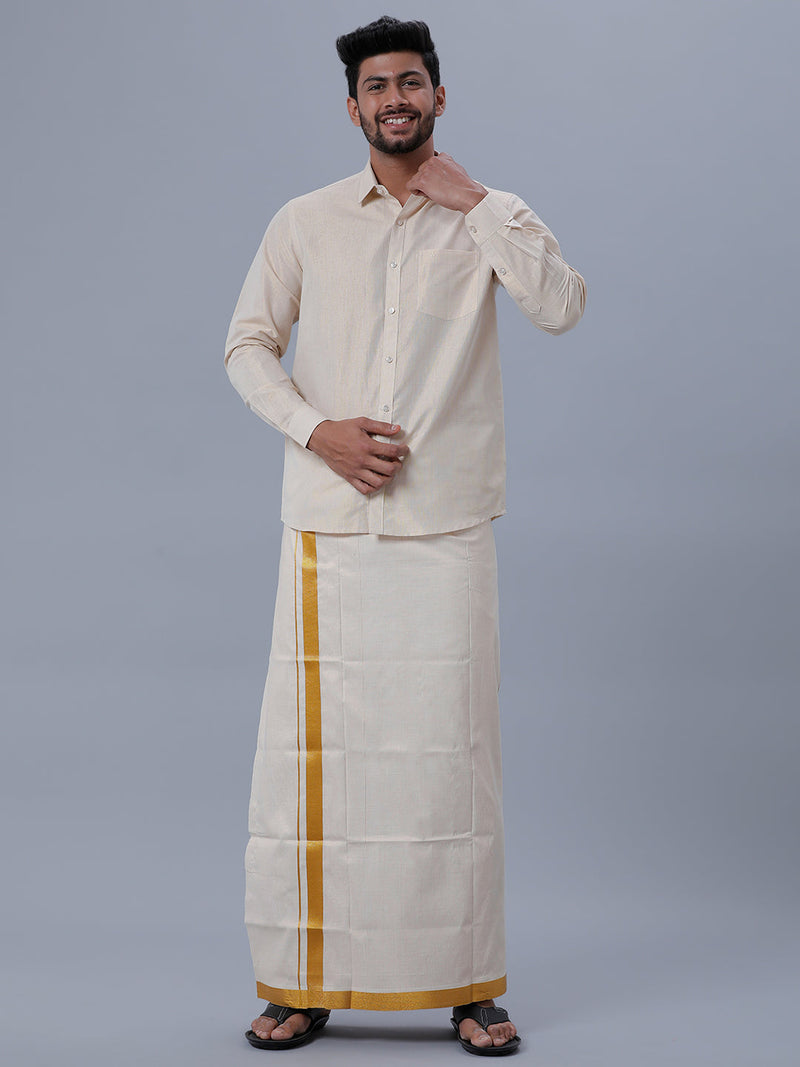 Men Tissue Single Layer Gold Dhoti with Jari Border Primacy