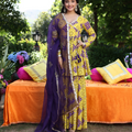 Whirling Shapes Yellow Purple Printed Georgette Sharara Set