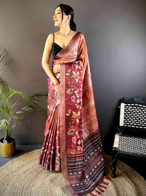 Rust Brown Tissue Chanderi Digital Check Saree