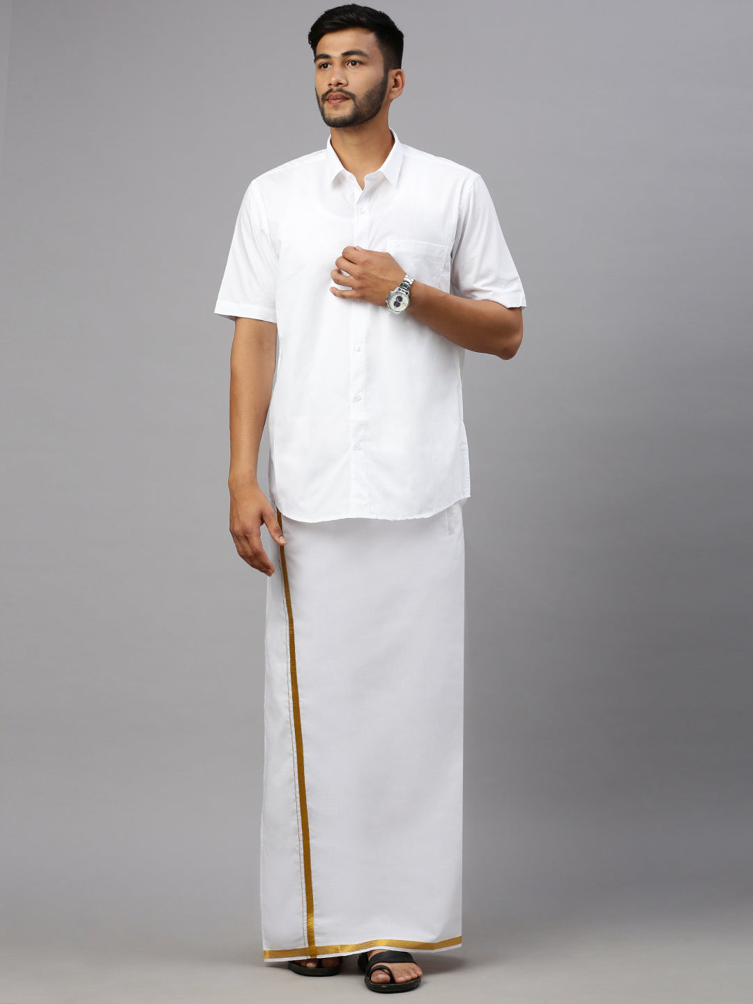 Men Cotton Blend Single Layer White Dhoti with 3/4" Gold jari Border Silver Sun