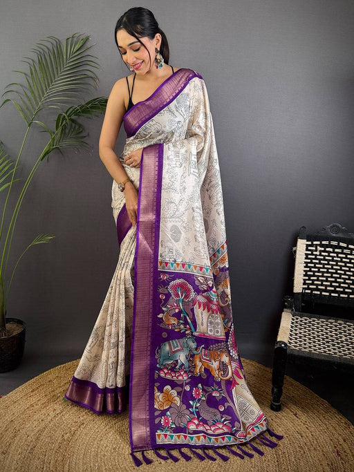 Purple Dola Silk Pen Kalamkari Print Saree