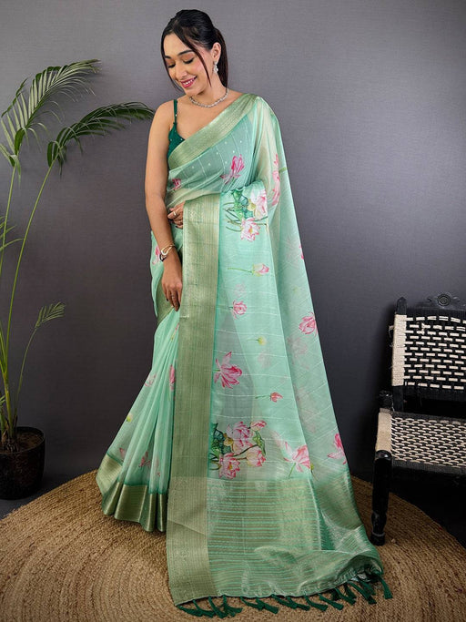 Mint Green Soft Organza Digital Print Saree