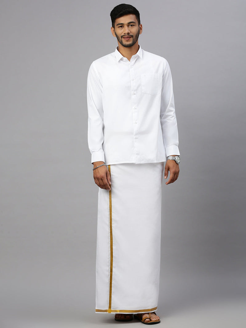 Men Cotton Blend Readymade Double Layer White Dhoti with Gold Jari Border W428