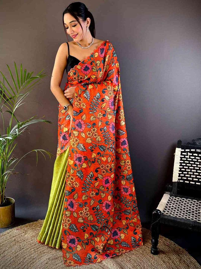 Orange Kota Doriya Kalamkari Saree