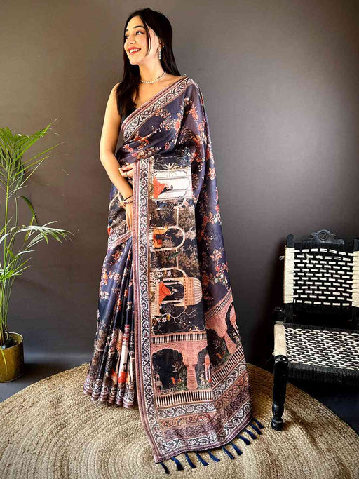 Navy Blue Tissue Chanderi Kalamkari Handprint Saree