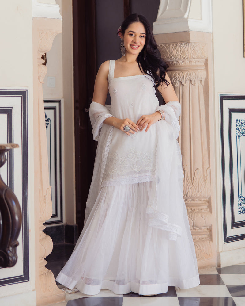 Gleaming White Embroidered Doria Sharara Set