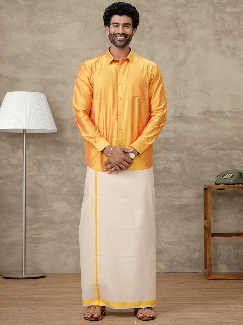 Men Cotton Rich Gold Shirt and Tissue Dhoti Set SMC7