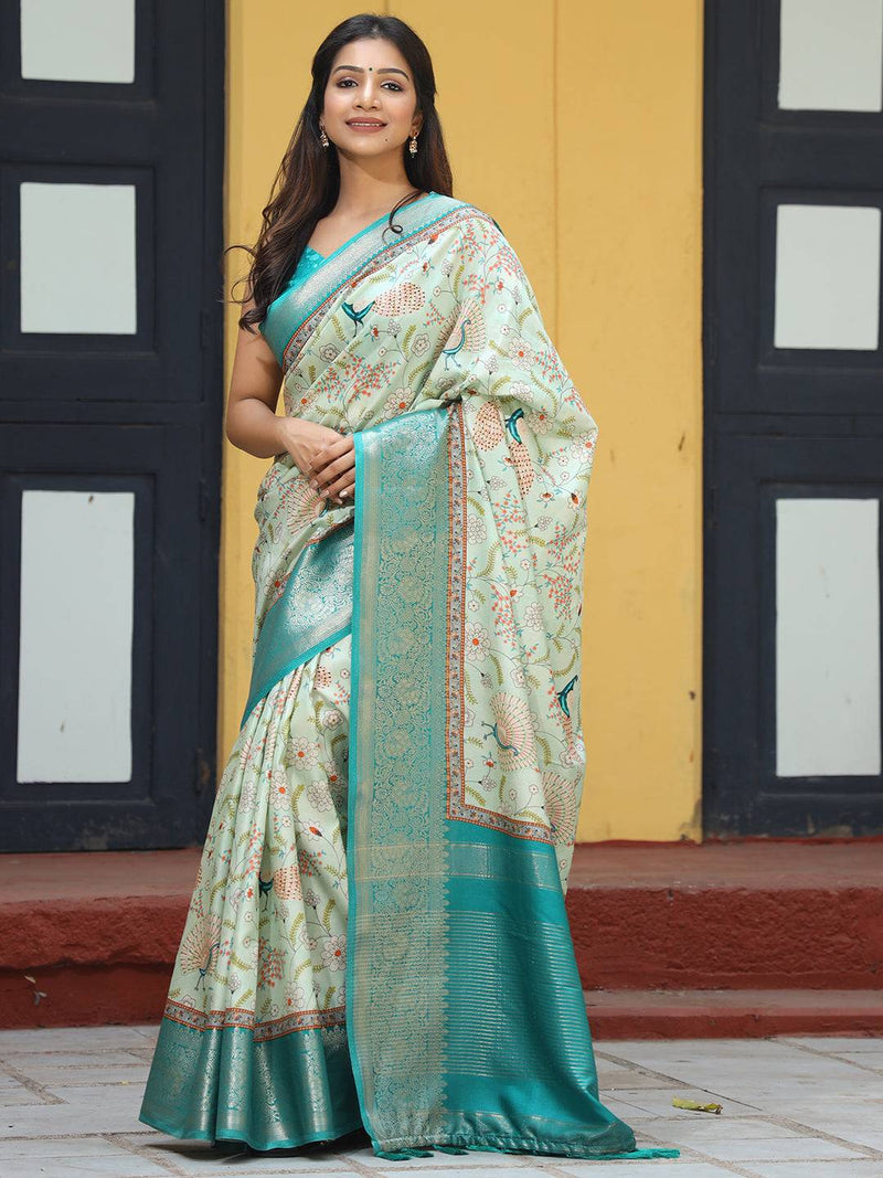 Pista Hand Kalamkari Printed Pure Viscose Dola Silk Saree - Luxe