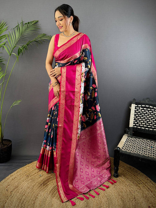 Navy Pichwai Print Banarasi Silk Saree